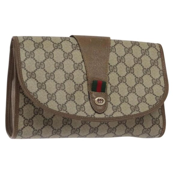 GUCCI GG Supreme Web Sherry Line Clutch Bag PVC Beige Gold - Picture 1 of 16